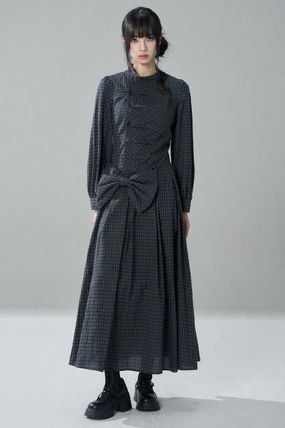 Plaid Bow Long Sleeve Dress