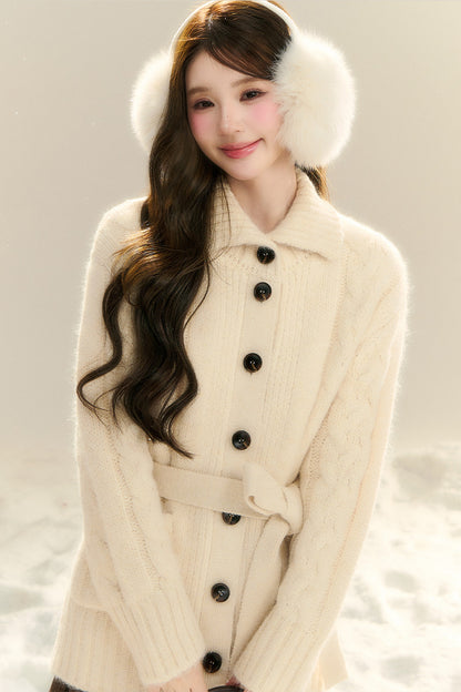 Waist-Cinching Cable Knit Sweater Cardigan