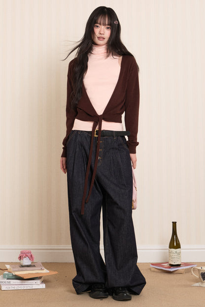 Layered High-Neck Vest and Tie-Up Cardigan Set-Up