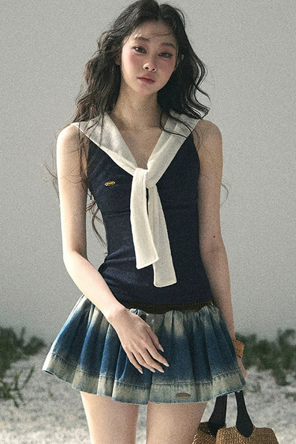 Navy Collar Academy Faux Two-Piece Top