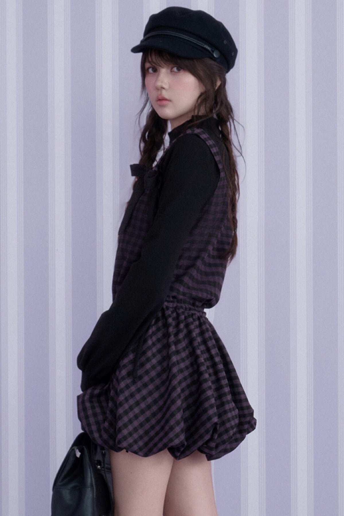 Layered-Look Plaid Long Sleeve Dress