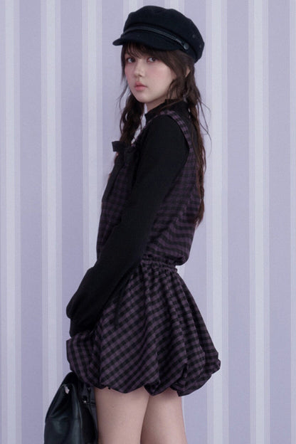 Layered-Look Plaid Long Sleeve Dress