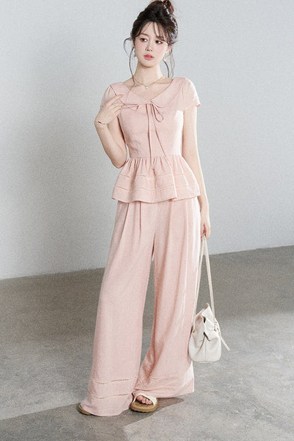 Ensemble chemise rose en Tencel à col Claudine et pantalon large