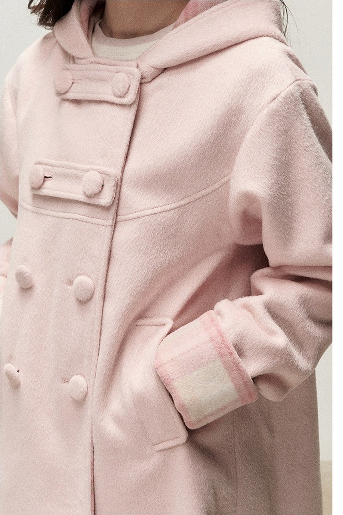 Cappotto doppiopetto con cappuccio a quadri rosa e color crema