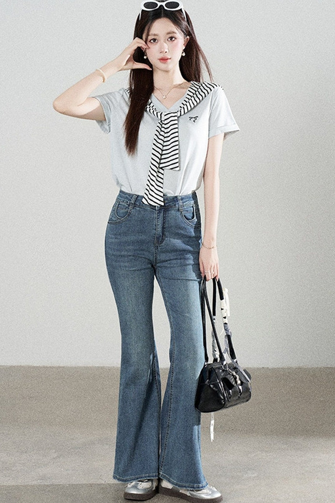 Loose Short-Sleeved Striped Shawl T-Shirt and Denim Skirt Set-Up