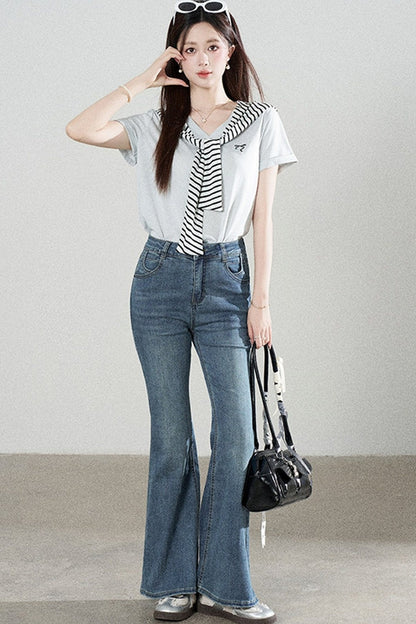 Loose Short-Sleeved Striped Shawl T-Shirt and Denim Skirt Set-Up