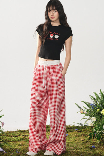 Red Plaid High-Waist Wide-Leg Pants