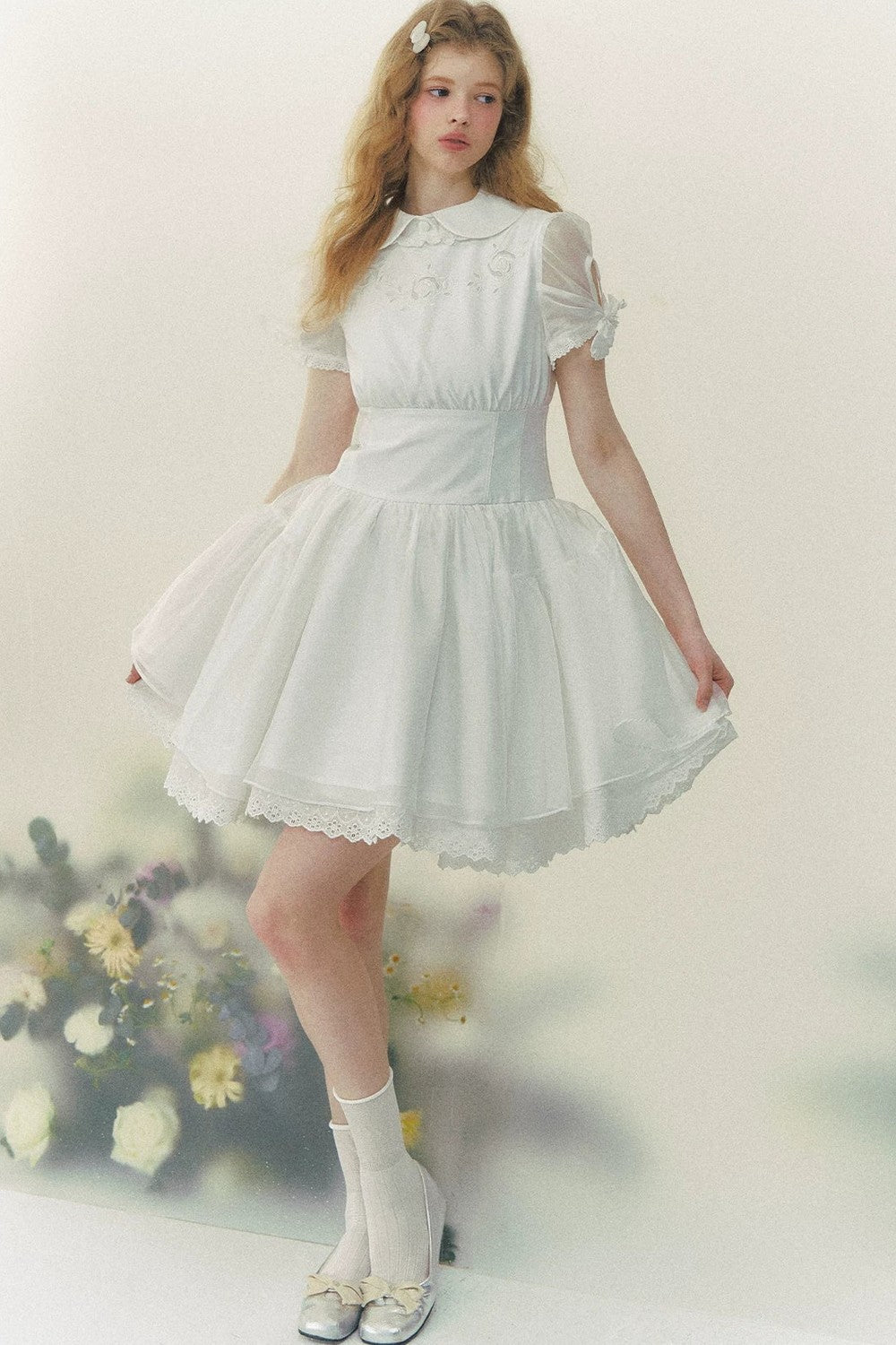 White Rose Embroidered Princess Midi Dress
