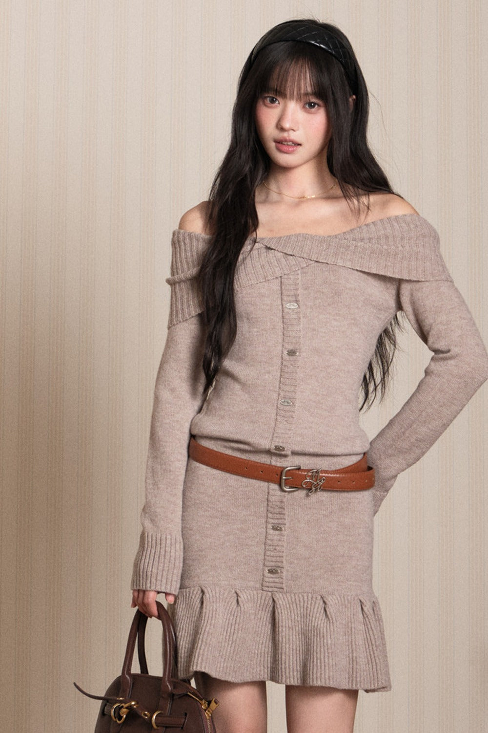 Ruffled Off-Shoulder Knit Dress
