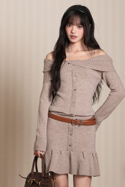 Ruffled Off-Shoulder Knit Dress