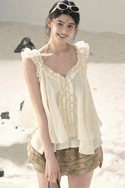 French Ruffled V-Neck Blouse