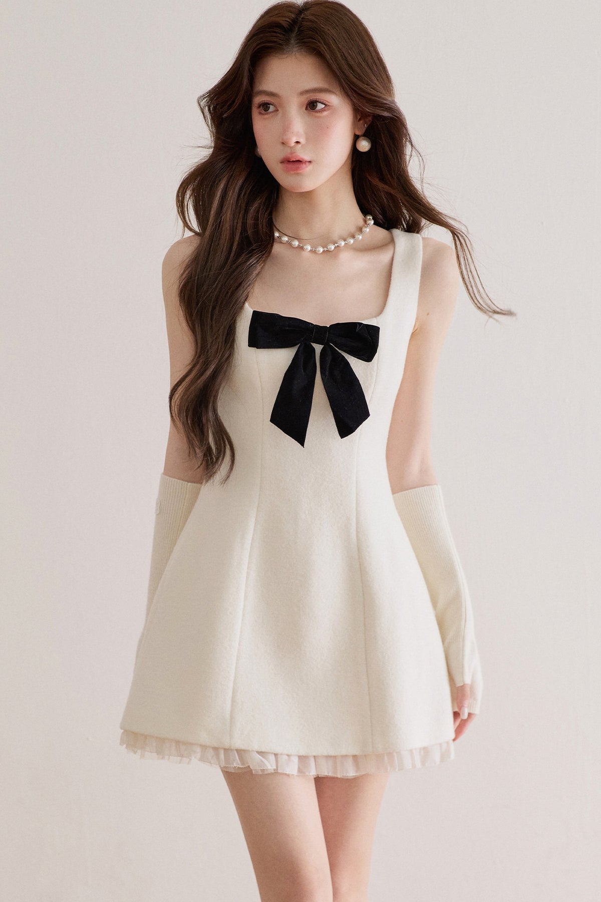 Bow Waist Mesh Wool Dress