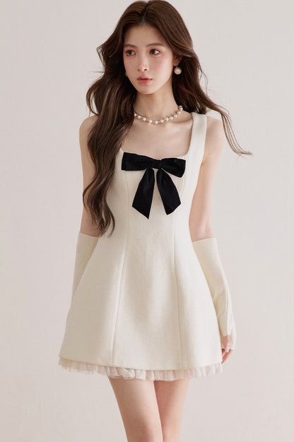 Bow Waist Mesh Wool Dress