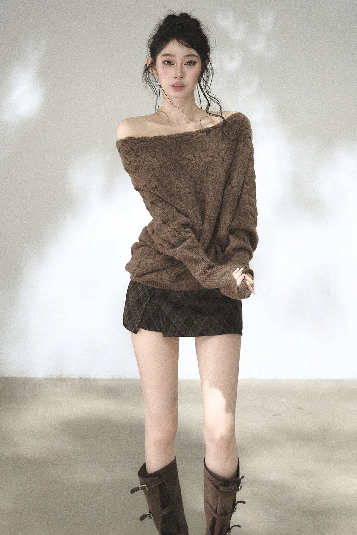 Diagonal Cable Knit Off-Shoulder Sweater