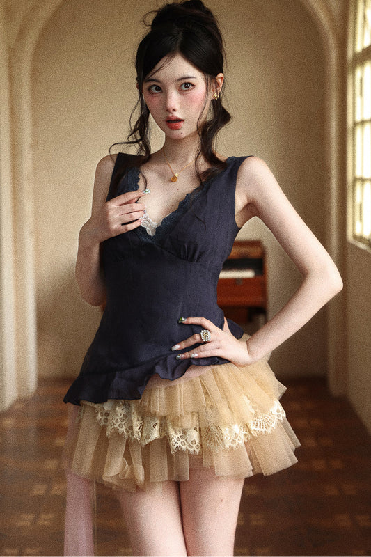 Navy Blue Lace V-Neck Ruffle Hem Camisole Set-Up
