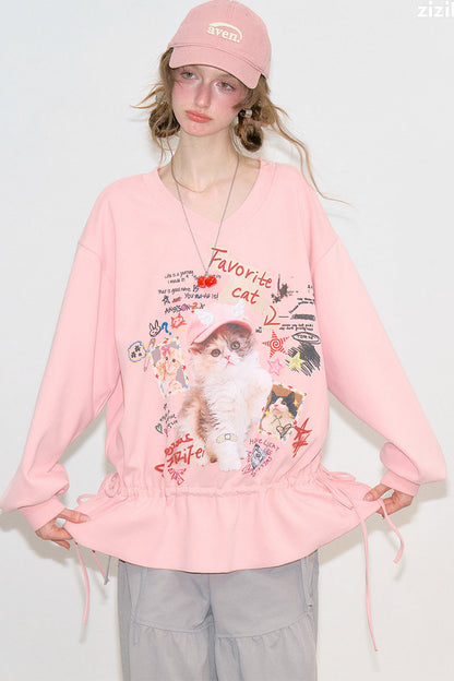 Pink Cat Print Sweatshirt