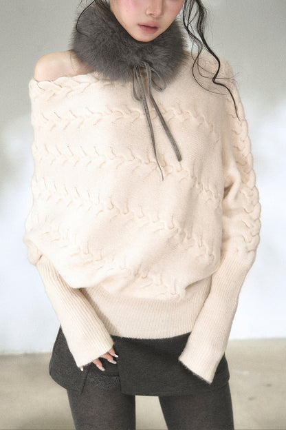 Diagonal Cable Knit Off-Shoulder Sweater
