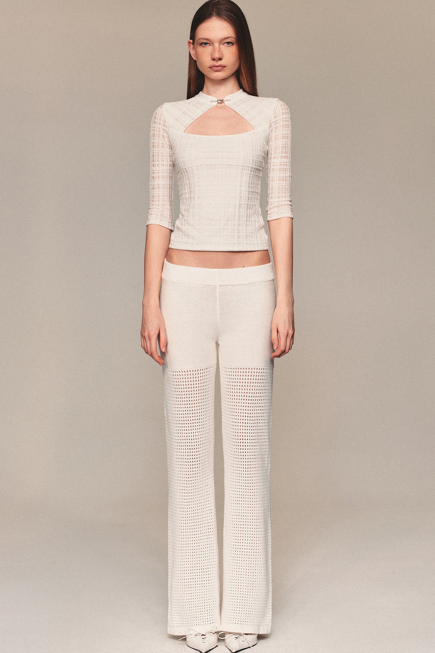 White Hollow-Out Mesh Crochet Straight Pants