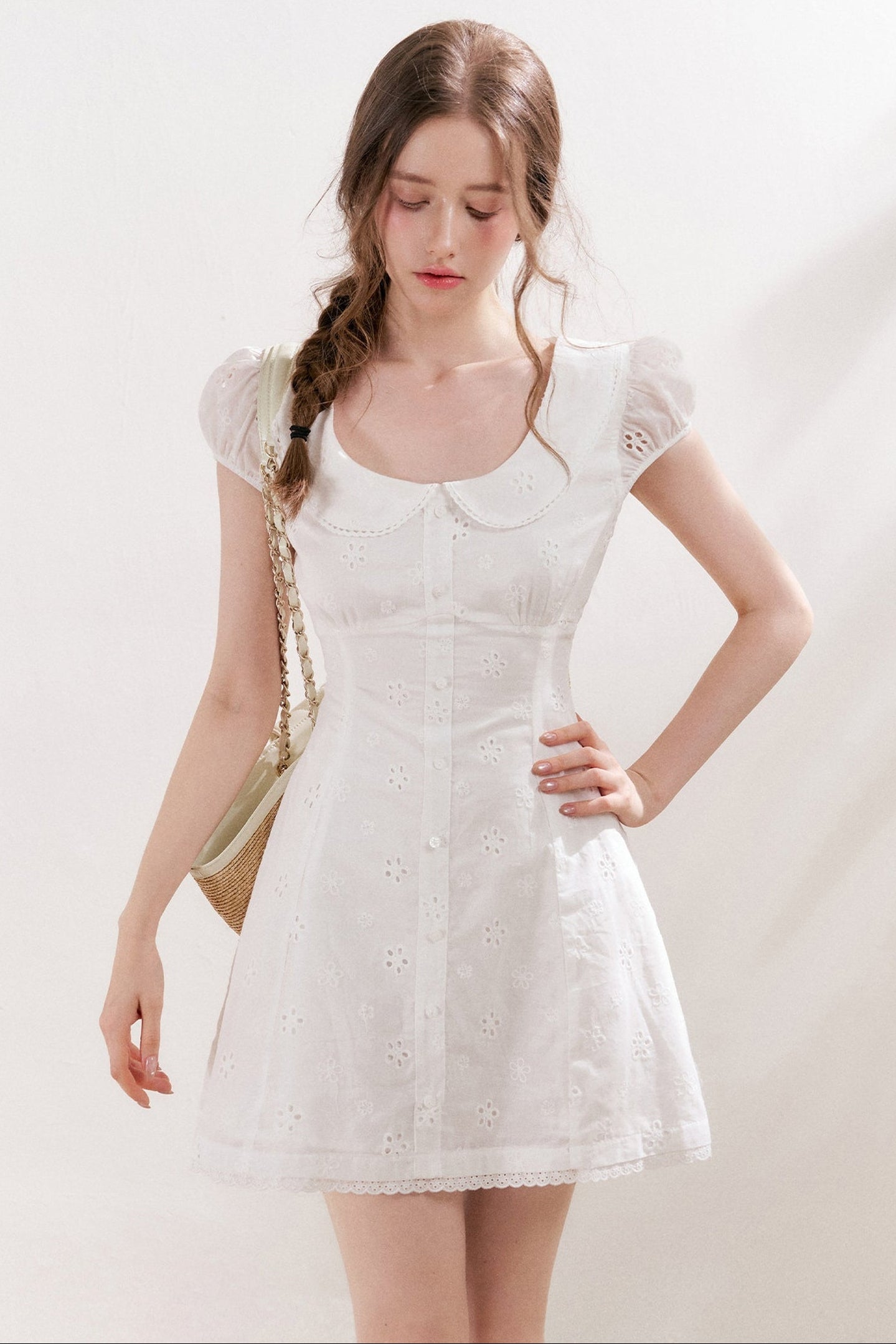 Five-Petal Flower Embroidered Cotton Doll Collar Dress