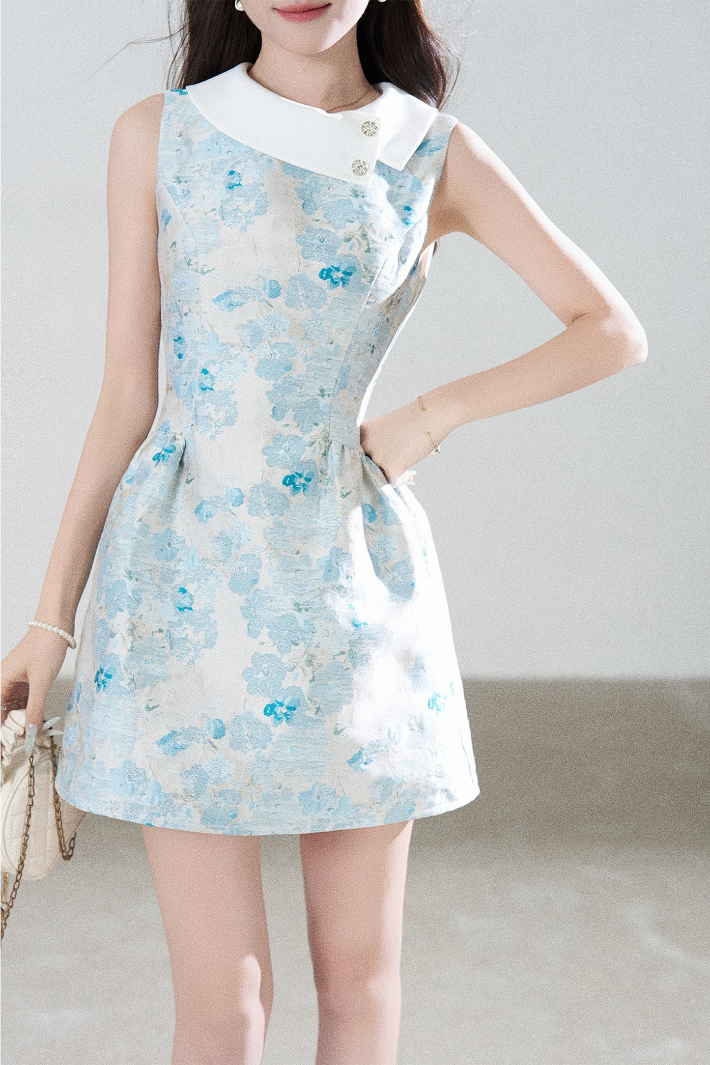 Blue Floral Jacquard Sleeveless Dress