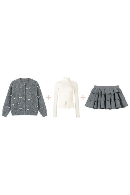 Ballet Bow Knit Cardigan With Skirt Set