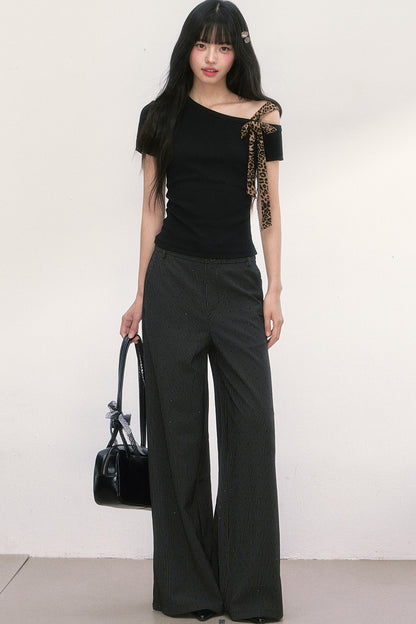 Leopard Bow Asymmetrical Shoulder Short Sleeve T-Shirt