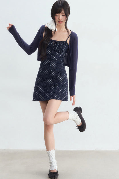 Navy Polka Dot Suspender Dress With Cardigan