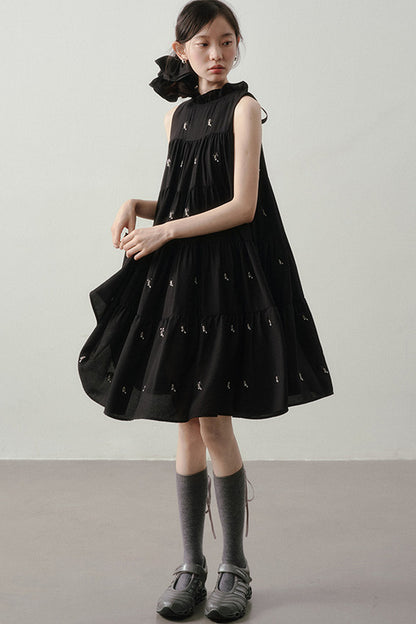 Embroidered Sleeveless Ruffle Stand Collar Dress