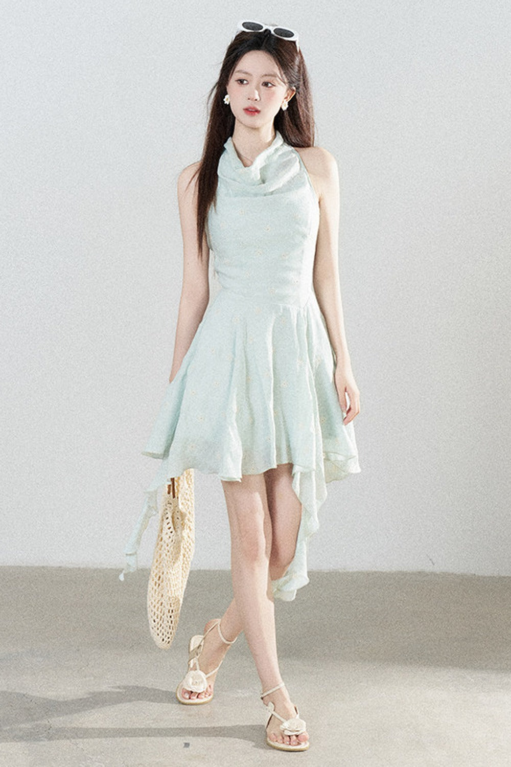 Halter Neck Sleeveless Irregular Hem Ruffle Dress