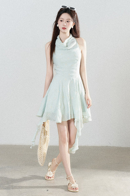 Halter Neck Sleeveless Irregular Hem Ruffle Dress