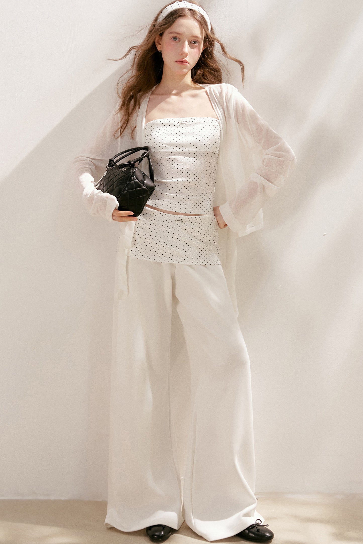Polka Dot Cotton Tube Top And Wide Leg Pants Set-Up