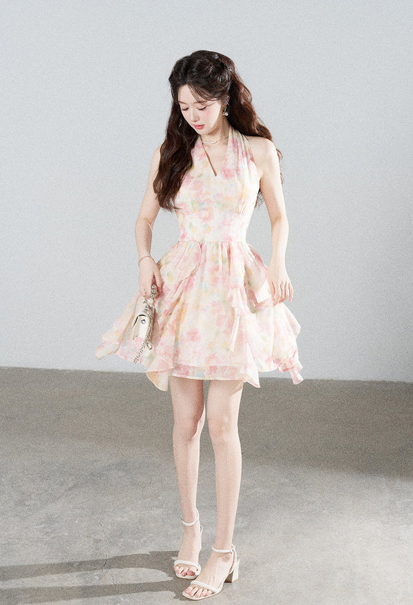 Floral Chiffon Halter V-Neck Ruffle Dress