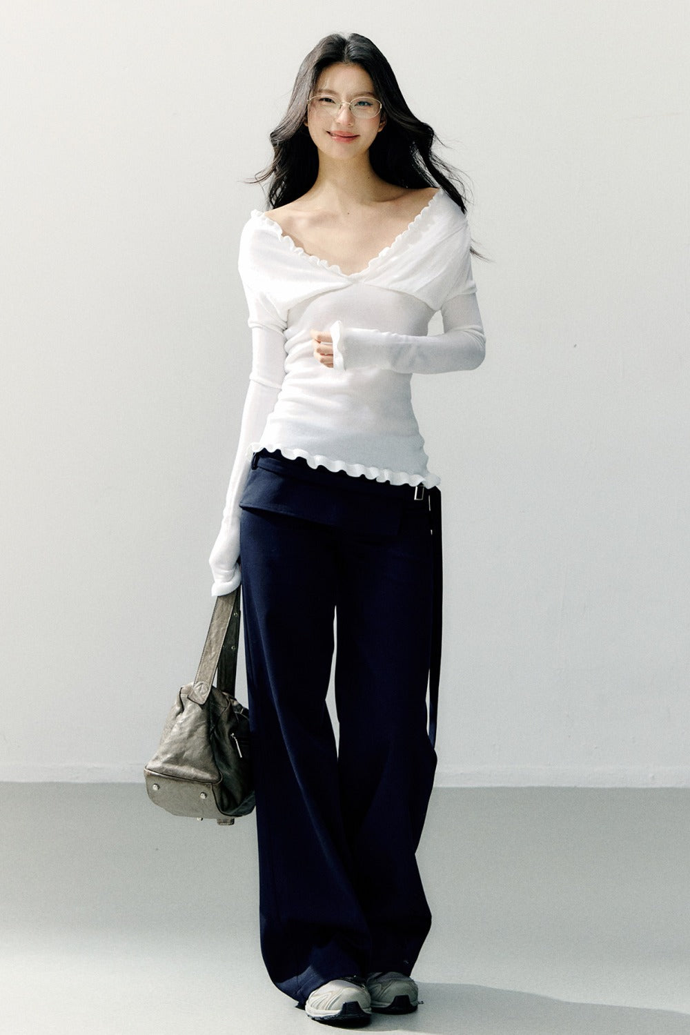 Ruffle-Trimmed Off-Shoulder Knit Top