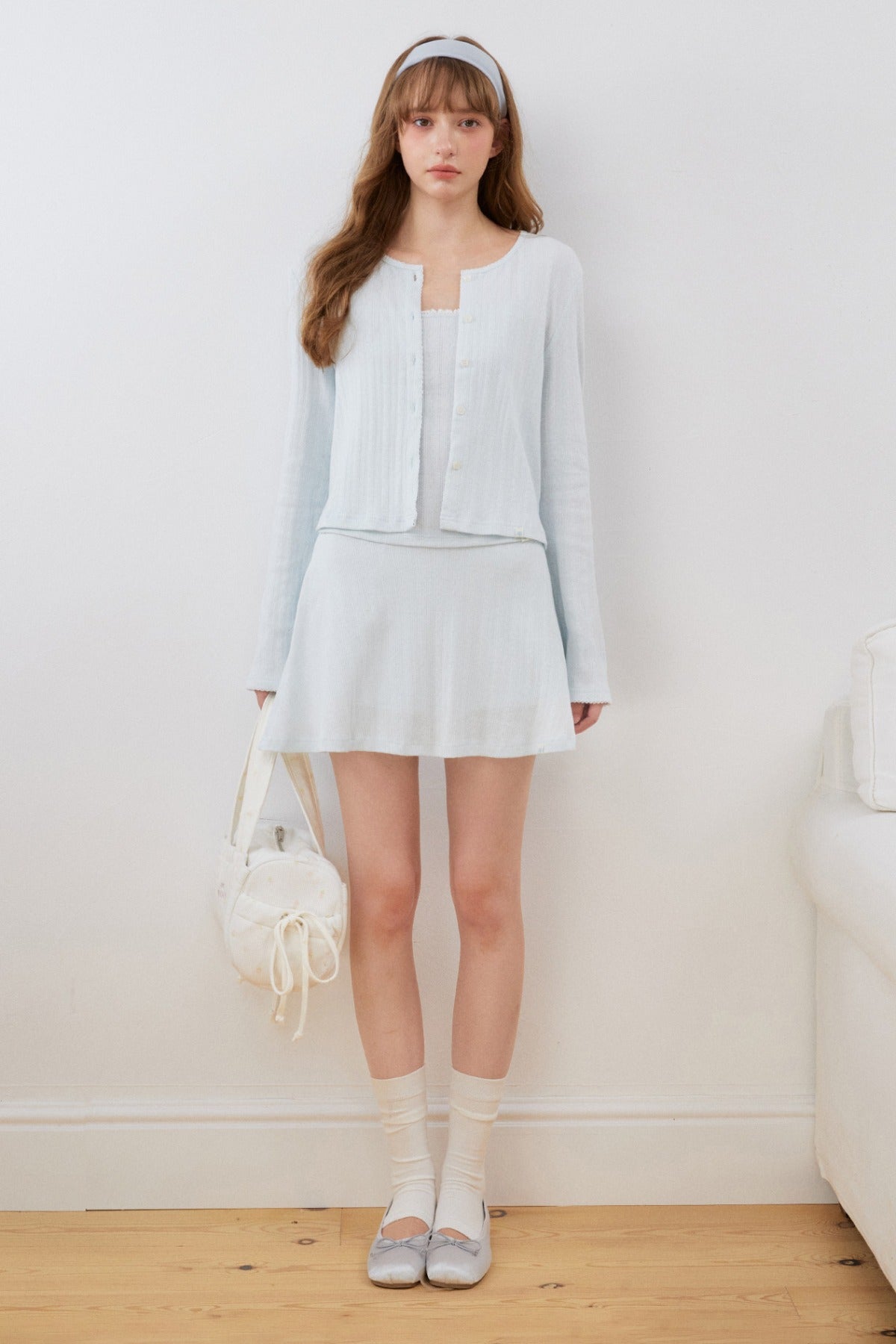 Lace Cut-Out Cardigan Cami A-Line Skirt Set-Up