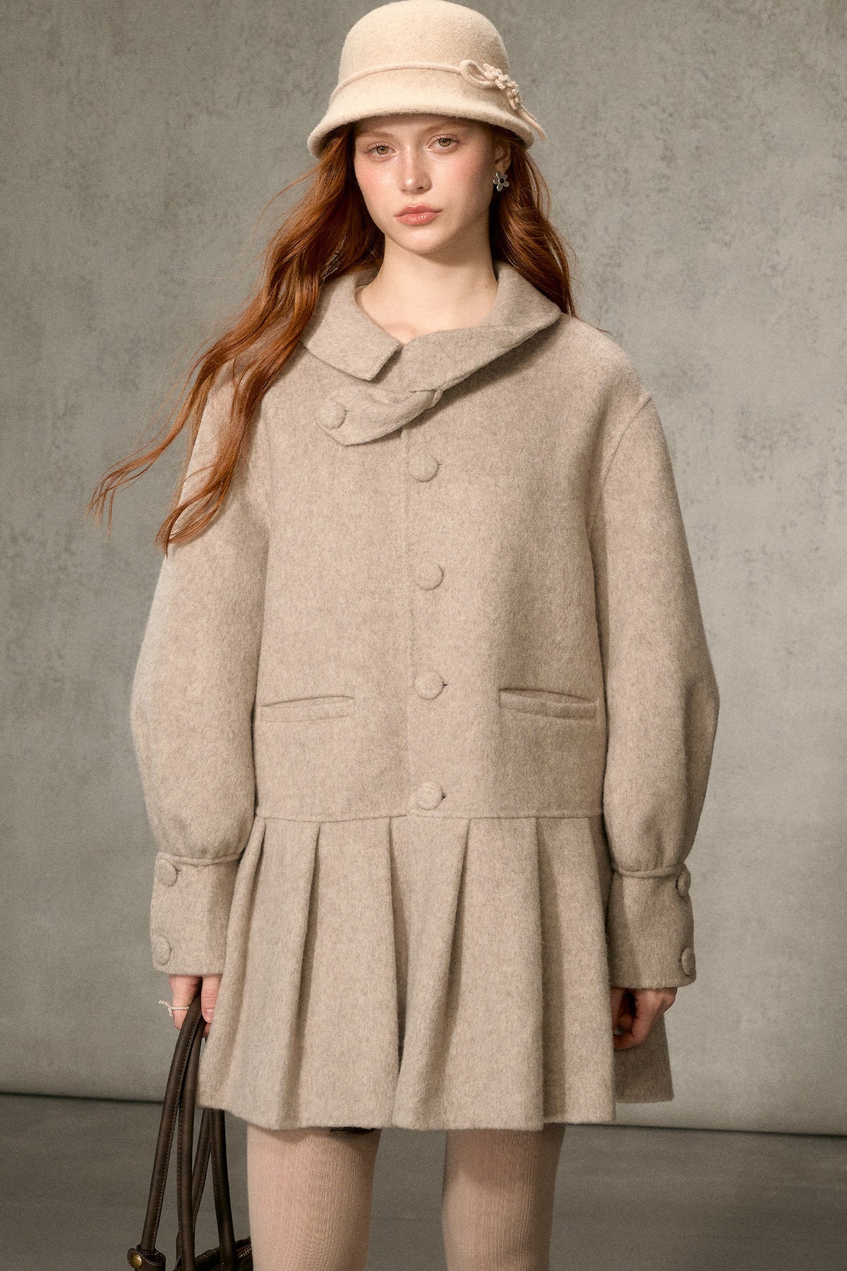 70% Wool Blend Double-Sided Pleated Coat