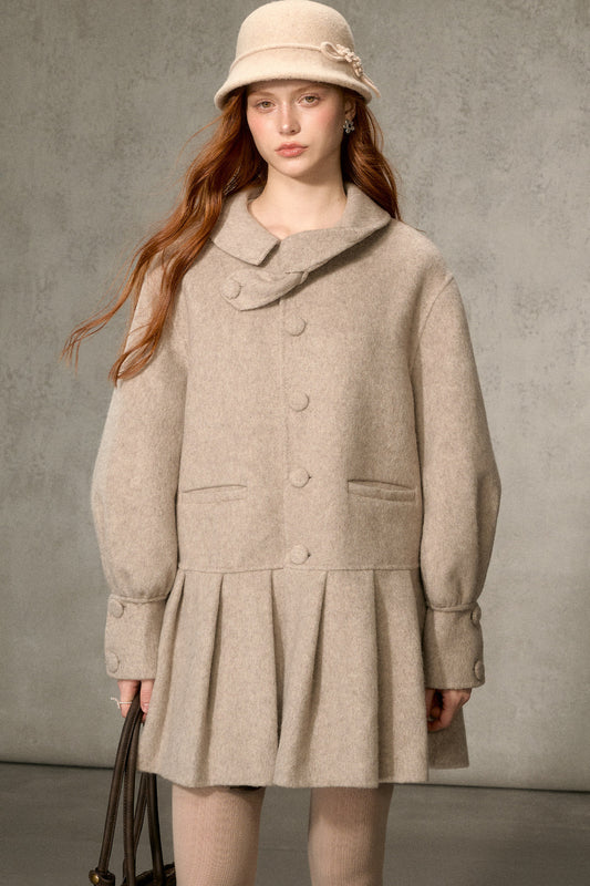 70% Wool Blend Double-Sided Pleated Coat