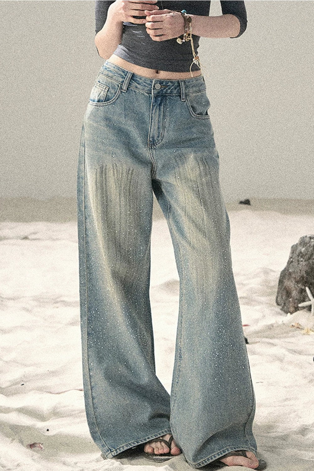 American-Style Rhinestone Wide-Leg Jeans