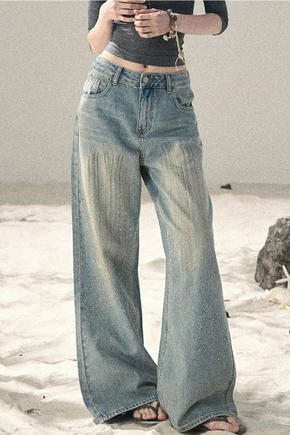 American-Style Rhinestone Wide-Leg Jeans