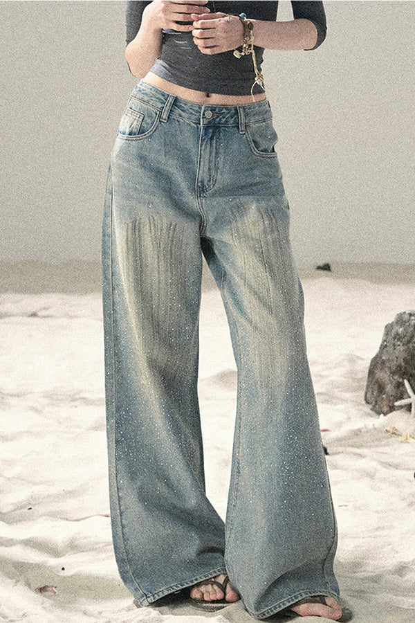American-Style Rhinestone Wide-Leg Jeans