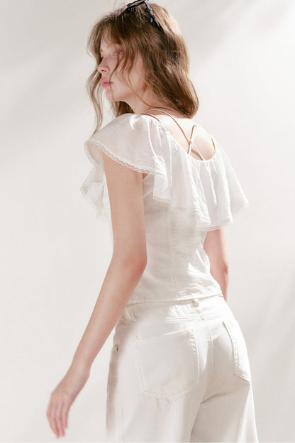 Lyocell Linen Ruffle Bow V-Neck Top and Skirt Set-Up