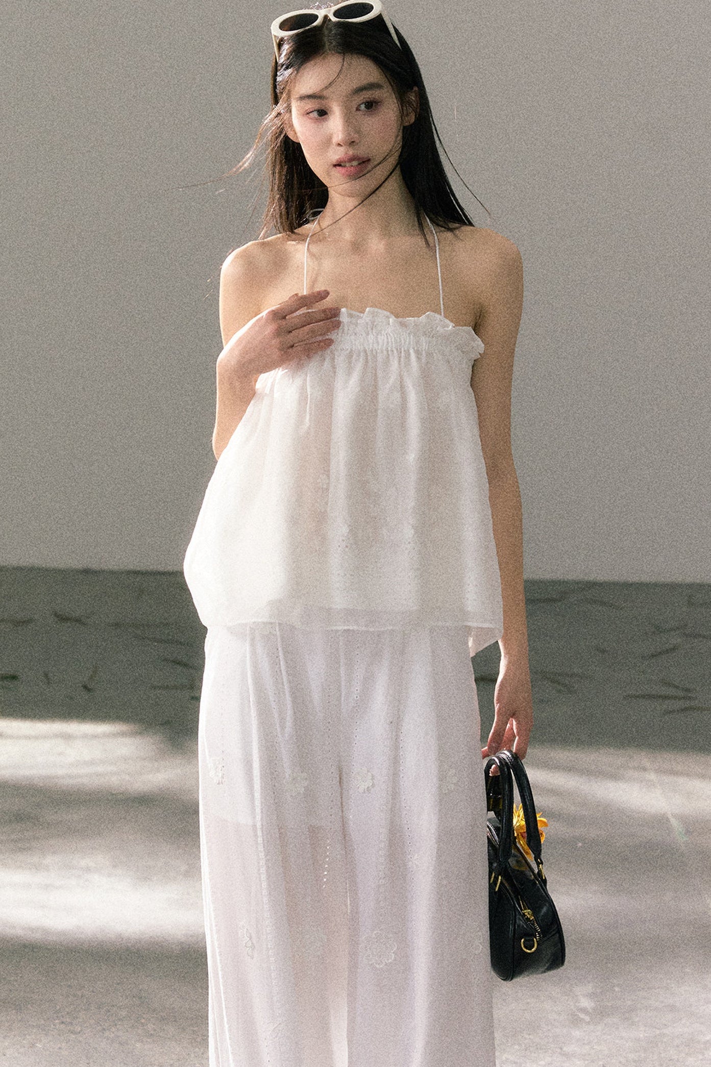 White Chiffon Lace Halter Top Set-Up