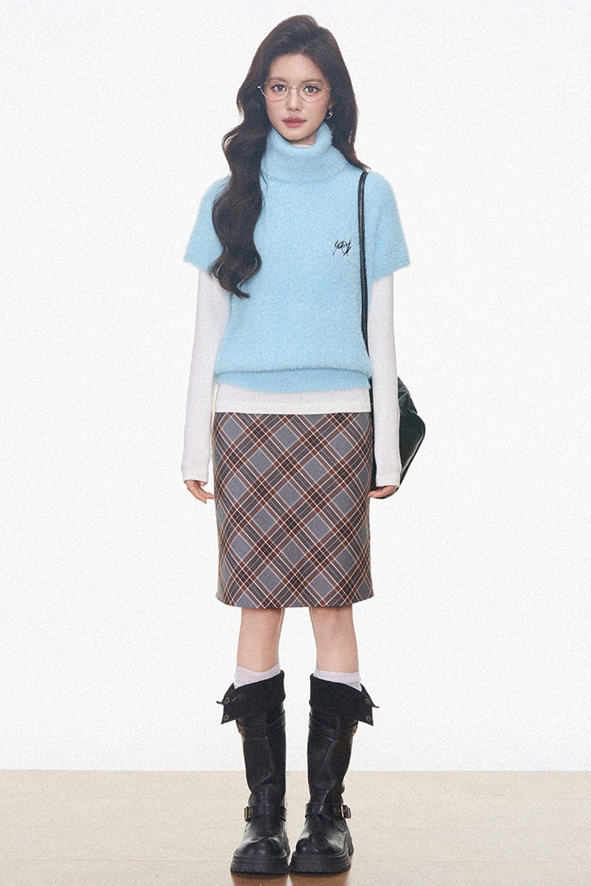 Faux Mink Turtleneck Sweater With Plaid Midi Skirt and Pants Set-Up