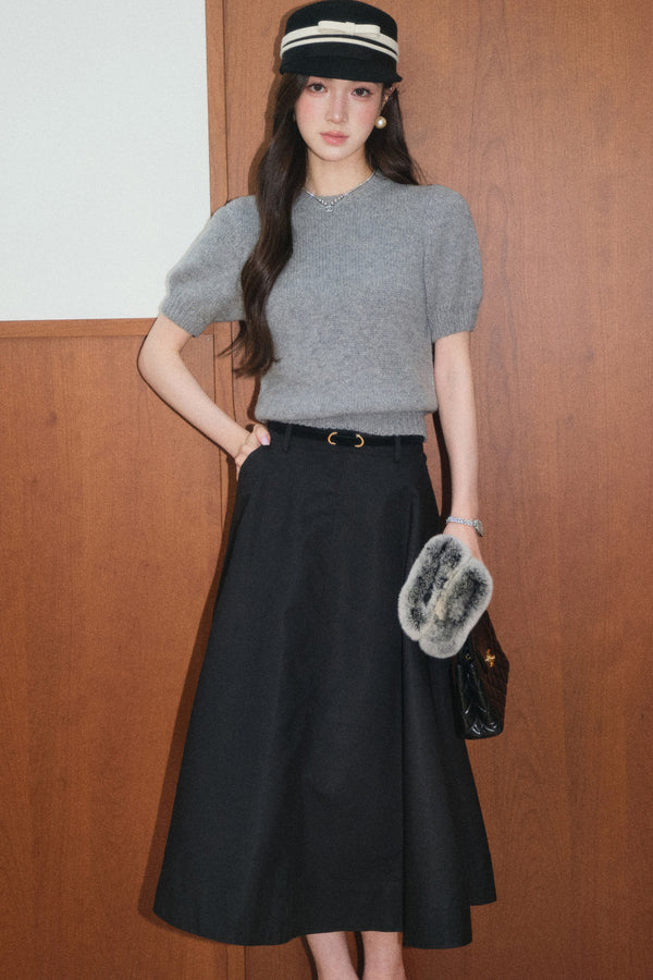 Gray Wool Knit Top and Retro Skirt Set-Up