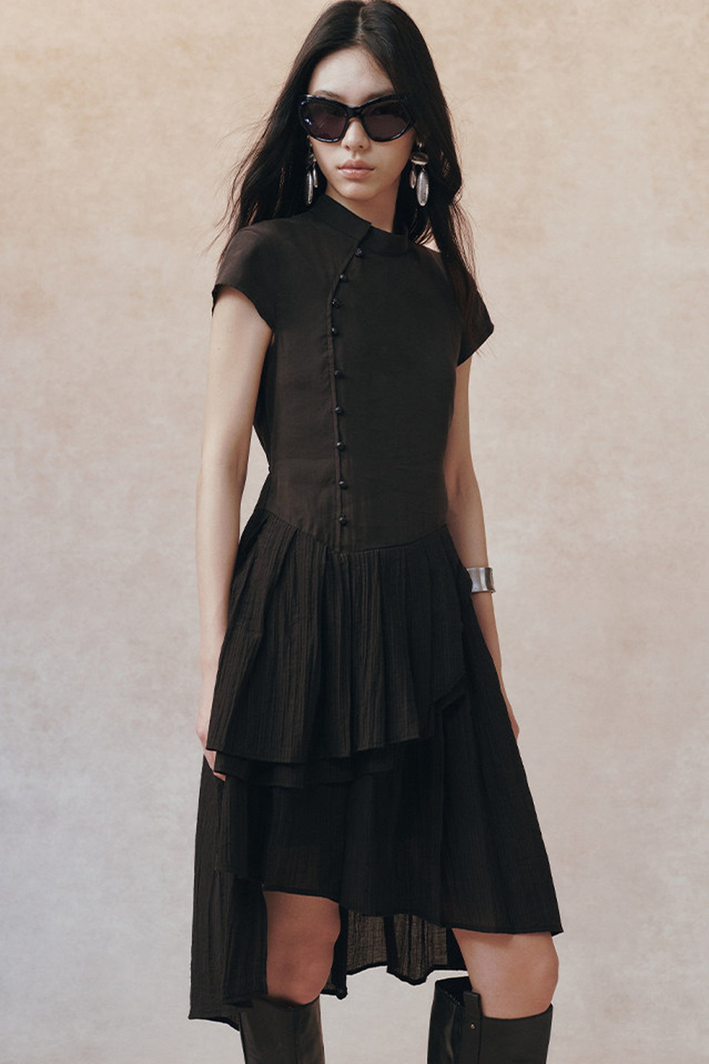 Diagonal Placket Pearl Button Irregular Hem Dress