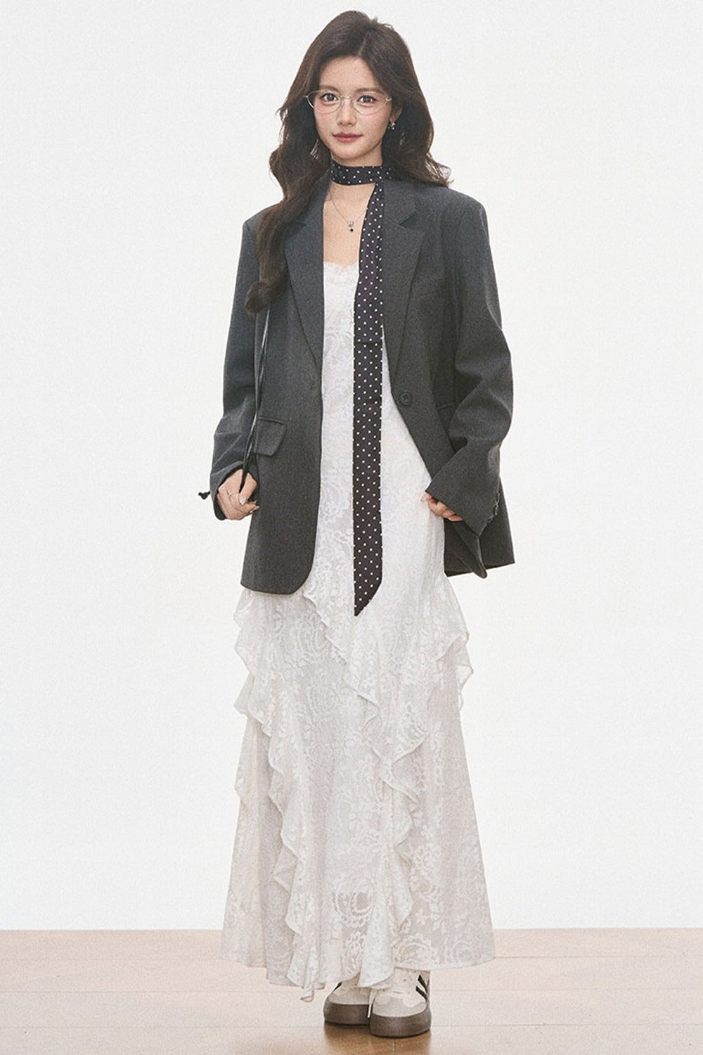 Petite Gray Wool Blazer and White Lace Slip Dress Set-Up
