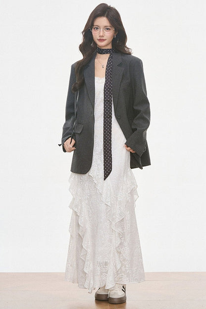 Petite Gray Wool Blazer and White Lace Slip Dress Set-Up