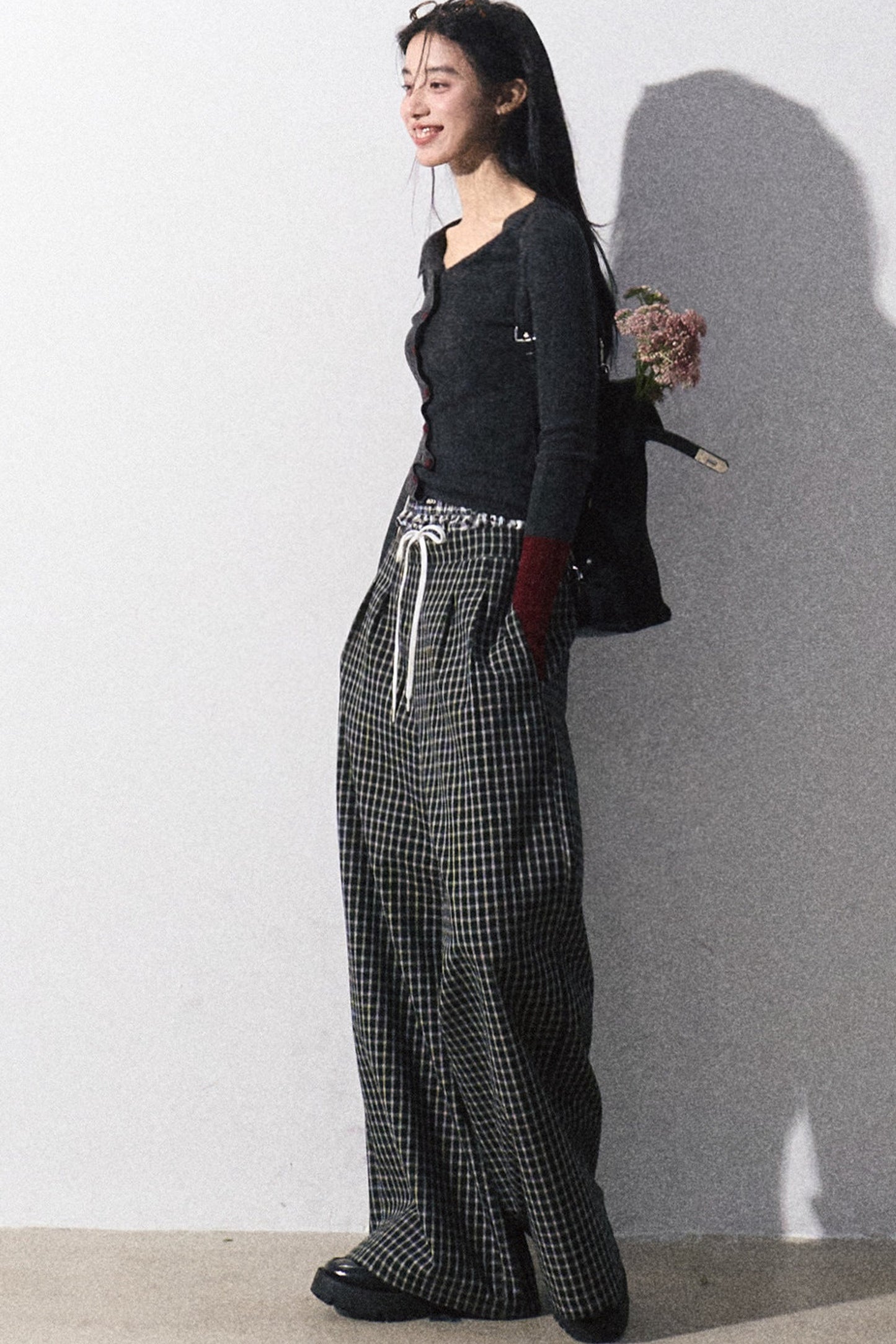Drawstring Plaid Wide-Leg Pants