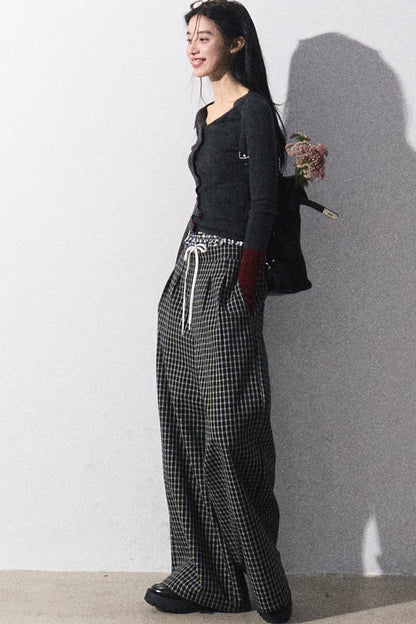 Drawstring Plaid Wide-Leg Pants