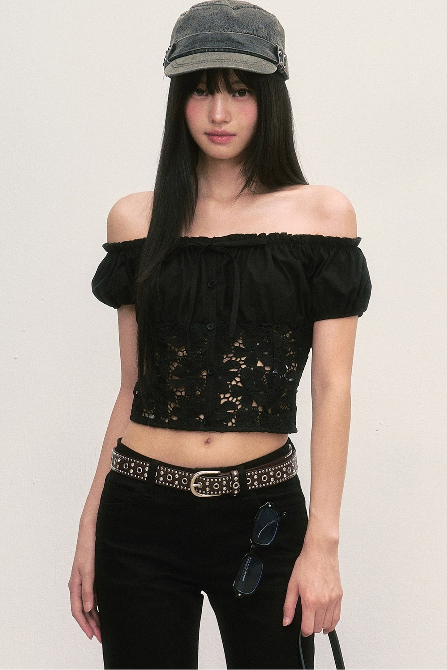 Off-Shoulder Lace Cutout Puff Sleeve Crop Top