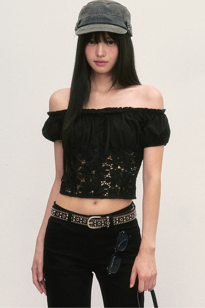 Off-Shoulder Lace Cutout Puff Sleeve Crop Top